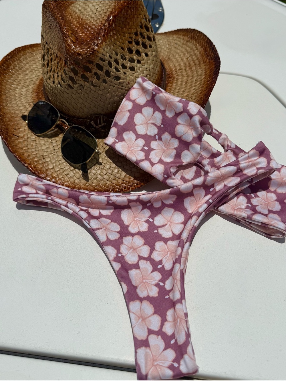 Handmade  Floral Bandeau Bikini Set - Pink